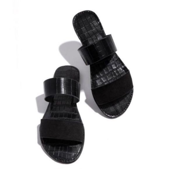 Shoes - Double Strap Croc & Faux Suede Sandals in Black